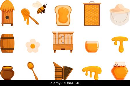 Honigelemente für Zeichentrickfilme. Imkereiprodukte und -Ausrüstung, Imkereiwerkzeuge. Waben, Holzlöffel, flüssige Honigtropfen, Bienenstock, Tontopf, sapid Stock Vektor