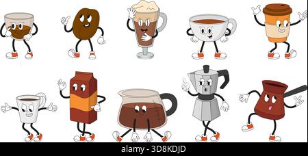 Groovige Kaffeefiguren. Kaffeemaschine, Bohne, Tassen und Tassen zum Mitnehmen. Schokoladenmilchpapierpackung. Comic-Maskottchen im Retro-Stil, Getränke, neoterische Vektoren Stock Vektor