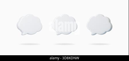 Weiße 3D-Sprach-Bubble-Cloud-Symbole mit weichen, abgerundeten Formen. Minimale Chatballons für Nachrichten, Kommentare, Benachrichtigungen und UI-Design. Isoliert reinigen Stock Vektor