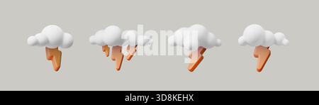 3D-Symbole für Blitzwolken mit weichen weißen Wolken und matten gelben Bolzen. Minimale Wettersymbole für Sturm-, Donner- und Prognosebilder. Sauber Stock Vektor