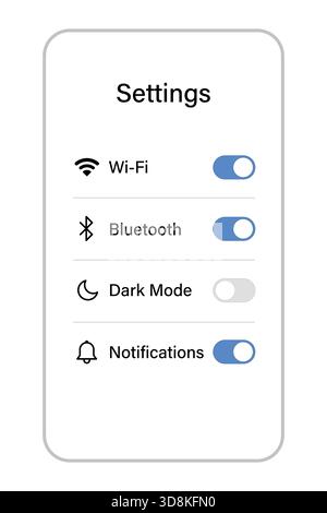 Moderne Benutzeroberfläche mit Telefoneinstellungen, die Umschaltmöglichkeiten für Wi-Fi, Bluetooth, Dunkelmodus und Benachrichtigungen anzeigt Stock Vektor