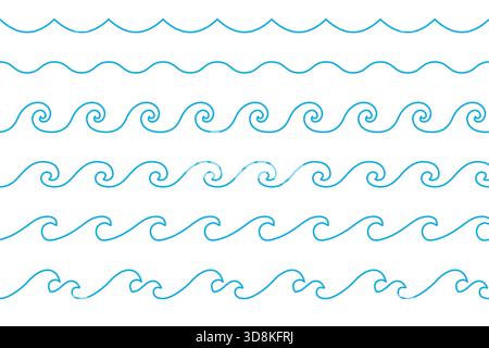 Sammlung von glatten, handgezeichneten nahtlosen blauen Meereswellen-Symbolen und Linienteilern Stock Vektor