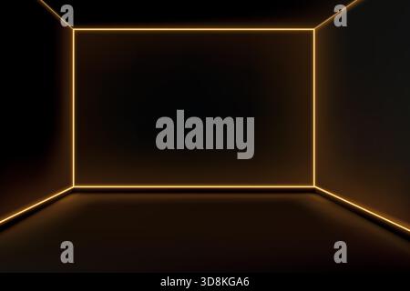 Dunkler abstrakter Raum mit scharfen, leuchtenden Neonlinien, die einen beleuchteten quadratischen Rahmen an den Wänden bilden. Stock Vektor