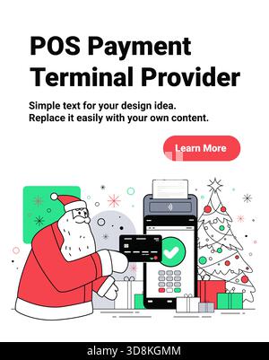 Weihnachtsmann Weihnachten Zahlungsterminal Neujahr 2026 Feiertag Shopping Szene mit Weihnachtsmann mit Kreditkarte Geschenke Weihnachtsbaum POS Gerät festlicher Hintergrund Stock Vektor
