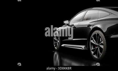 Luxuriöse schwarze Limousine Seitenansicht auf dunklem Studio Hintergrund: Eleganz, Power und Premium Corporate Transportation. 3D-Rendering Stockfoto
