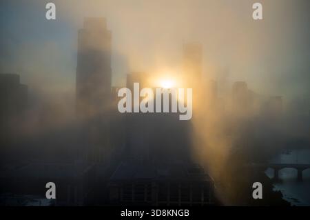 Austin Texas Skyline im Morgennebel. Stockfoto