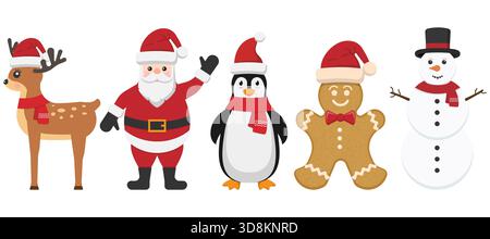 Bezaubernde Zeichentrickfiguren aus der Weihnachtszeit, darunter Weihnachtsmann, Rentier, Pinguin, Lebkuchenkeks und Schneemann in roten Hüten und Tüchern. Perfekt für Weihnachtskarten, Einladungen, Dekorationen und Wintermotive. Weihnachtszeichensatz. Süße Weihnachtsmann-Illustration. Vektor für Winterferien. Lustiger Rentier-Zeichentrick. Festliche Schneemannsklipart. Stock Vektor