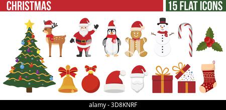 Farbenfrohe Kollektion flacher Weihnachtssymbole wie Weihnachtsmann, Weihnachtsbaum, Schneemann, Geschenke und festliche Dekoration auf weißem Hintergrund. Perfekt für Weihnachtsdesign, Grußkarten und Webgrafiken. Ideal für saisonale Grafiken, Karten und digitale Medien. Stock Vektor
