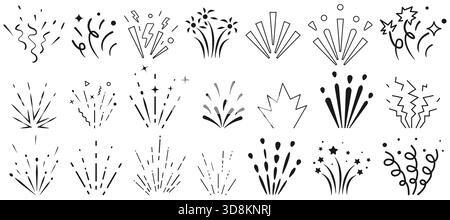 Abstraktes Konfetti- und Feuerwerk-Vektorset. Handgezeichnete Kritzeleien mit Funken, Herzen und Spiralausbrüchen auf weißem Hintergrund. Handgezeichnete festliche Konfetti-Burst-Kollektion, Vektor-Feuerwerk-Doodle-Funken und abstrakte Festelemente Stock Vektor