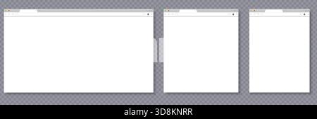 Realistisches Browserfenster-Modell mit transparentem Hintergrund für die Präsentation von Website-Design und UI-UX-Projekten. Mockup des Browserfensters. Webdesign-Vorlage. Benutzeroberfläche für Hell- und Dunkelmodus. Mockup für Website-Rahmen. Transparente Browseroberfläche. Stock Vektor
