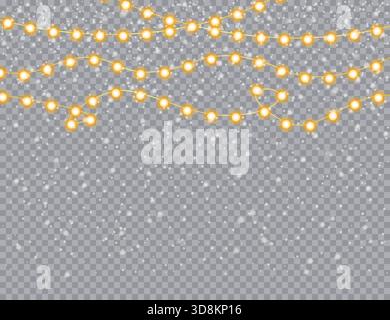 Warme leuchtende Lichterketten mit fallendem Schnee isoliert auf transparentem Hintergrund, perfekt für Weihnachten und Winterferien. Weihnachtslichter mit Schnee. Wintergirlande transparenter Hintergrund. Schneebedeckte festliche Lichter PNG. Leuchtende Lichterketten für Feiertage. Warme Weihnachtsbeleuchtung. Stock Vektor