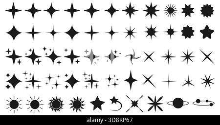 Sammlung von schwarzen Sternen, Glitzern und himmlischen Vektorsymbolen, einschließlich Sonnen, Monden und Planeten. Perfekt für kosmische, astrologische oder magische Designs. Sternvektorsymbole. Funkelndes Symbol. Himmlische grafische Elemente. Minimale kosmische Formen. Astrologie-Design-Paket. Stock Vektor