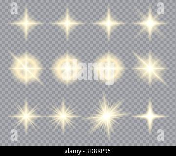 Kollektion leuchtender goldener Lichteffekte mit hellen Funkeln und Sternenflecken auf transparentem Hintergrund. Set aus leuchtenden goldenen Sternen für Dekoration, Design und Lichteffekte. Leuchtendes Starburst- und Glühlampen-Set, perfekt für Overlays, Dekorationen und Fotoeffekte. Stock Vektor