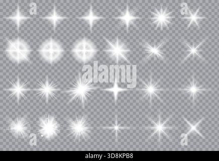 Kollektion mit leuchtenden Sterneneffekten auf transparentem Hintergrund für Overlays und Dekorationen. Leuchtende weiße Starburst-Kollektion, perfekt für Fotohighlights, magische Lichtakzente und visuelle Effekte. Helle funkelnde und flackernde Elemente für digitales Design, Feier oder luxuriöse Dekoration. Stock Vektor