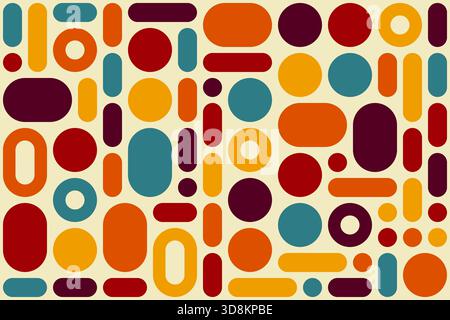 Buntes geometrisches abstraktes Muster mit Kreisen und ovalen, nahtlose Vektorillustration in Retro-Farben, abstrakte Formen Design, perfekt für Textil Stock Vektor