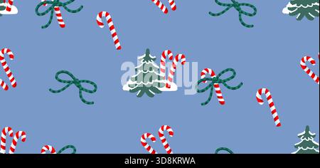 Nahtloses Vektormuster mit Zuckerstangen, Schleifenbögen und Wintertannen auf einem blauen Hintergrund. Flaches dekoratives Design zum Einpacken von Papier Stock Vektor