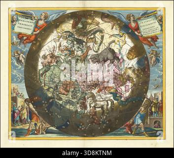 Eine Karte des Nördlichen Himmels, die die Konstellationen der südlichen Hemisphäre über der südlichen Hemisphäre der Erde zeigt, aus der Valk & Schenk-Ausgabe von Andreas Cellarius's Harmonia Macrocosmica von 1708, die erstmals 1660 veröffentlicht wurde. Stockfoto