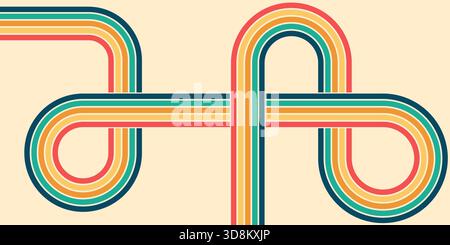 Abstrakter Hintergrund mit gewellten Linien im Retro-Hippie-Stil der 70er Jahre. Buntes Grooviges Vektormuster mit hellen Streifen und Vintage-Sonnenschein-Vibe Stock Vektor