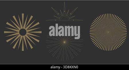 Sunline Boho Sunrise Gold Logo Ikone Art Mond Sunburst bilden ein leuchtendes Motiv. Es glänzt für Strand- und Yoga-Grafiken. Ein weiches Bohème-Label. Stock Vektor