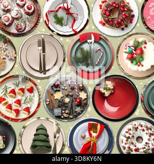 Weihnachtscollage mit Desserts und Platzeinstellungen auf farbigem Hintergrund, Draufsicht Stockfoto