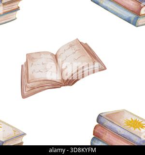 Nahtloses Aquarellmuster mit offenen und geschlossenen Büchern. Literarisches Vintage-Design mit Buch mit goldener Sonne. Isoliert auf weißem Hintergrund. Elegante Illustration für akademische Themen der Bibliothek Stockfoto