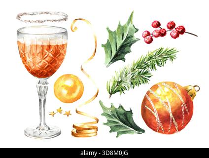 Festlicher Weihnachtscocktail, Likör im Kristallglas-Golfset. Handgezeichnete Aquarellillustration isoliert auf weißem Hintergrund Stockfoto