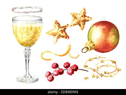 Festlicher Weihnachtscocktail, Likör im Kristallglas-Golfset. Handgezeichnete Aquarellillustration, isoliert auf weißem Hintergrund Stockfoto