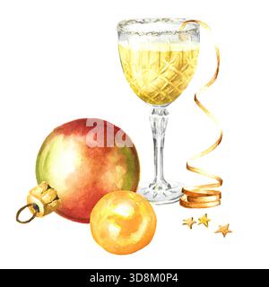 Festlicher Weihnachtscocktail, Likör im Kristallglas-Golbet. Handgezeichnete Aquarellillustration isoliert auf weißem Hintergrund Stockfoto