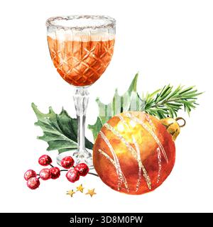 Festlicher Weihnachtscocktail, Likör im Kristallglas-Golbet. Handgezeichnete Aquarellillustration, isoliert auf weißem Hintergrund Stockfoto