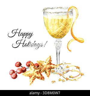Festlicher Weihnachtscocktail, Likör im Kristallglas-Golbet. Handgemalte Aquarellillustration, isoliert auf weißem Hintergrund Stockfoto