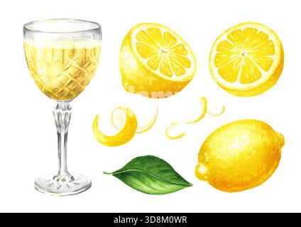 Likör oder Tinktur von Limoncello in einem Kristallglas mit frischer Zitrone. Handgezeichnete Aquarellillustration isoliert auf weißem Hintergrund Stockfoto