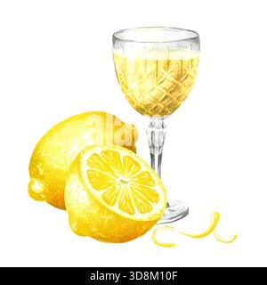Likör oder Tinktur von Limoncello in einem Kristallglas mit frischer Zitrone. Handgemalte Aquarellabbildung isoliert auf weißem Hintergrund Stockfoto