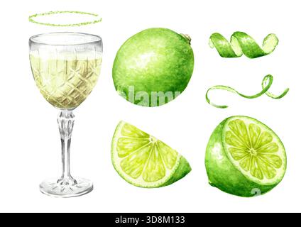 Likör oder Tinktur von Limoncello in einem Kristallglas mit frischer Limette. Handgezeichnete Aquarellillustration, isoliert auf weißem Hintergrund Stockfoto
