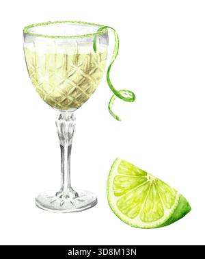 Likör oder Tinktur von Limoncello in einem Kristallglas mit frischer Limette. Handgezeichnete Aquarellillustration isoliert auf weißem Hintergrund Stockfoto
