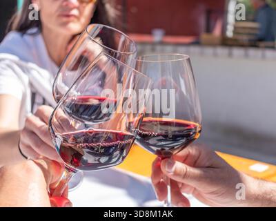 Ein lebendiger, offenes Foto aus nächster Nähe, in dem drei Weingläser zu einem fröhlichen Toast zusammenstoßen, gefüllt mit reichhaltigem Rotwein. Stockfoto