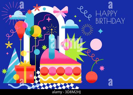Bunte geometrische Vektor-Illustration Stück Kuchen mit Kerze, Geschenkbox, Luftballons, Kegelhut. Designelemente für Geburtstagsgrußkarte, Party Stock Vektor