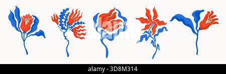Abstrakte skandinavische Wildblumen in Rot und Blau. Dekorative Frühlingsblumen und -Blätter im modernen Volkskunststil, ideal für Schreibwaren Stock Vektor