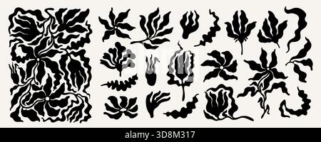 Abstrakte Blumen- und Pflanzenvektor in kräftiger schwarzer Silhouette mit groovigen wellenförmigen Formen. Blumenkollektion für Retro-Muster, Poster, Drucke, Karten Stock Vektor
