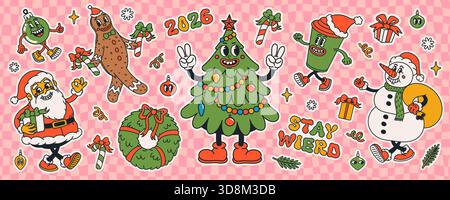 Vintage-Weihnachtssticker-Kollektion mit fröhlichem Weihnachtsmann, Weihnachtsbaum, Schneemann und Lebkuchen. Groovige Cartoon-Retro-Designs, perfekt für festliche Momente Stock Vektor