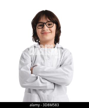 Studium der Wissenschaft. Junge im Schutzmantel auf weißem Hintergrund Stockfoto