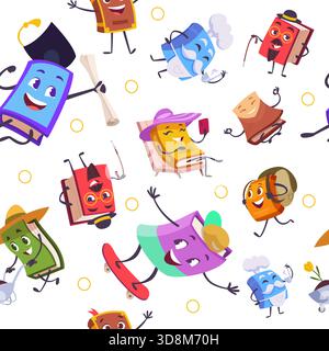 Buchmuster. Nahtloser Hintergrund mit Bucheinband. Vektorvorlage mit lustigen Charakteren Originalvorlage Stock Vektor