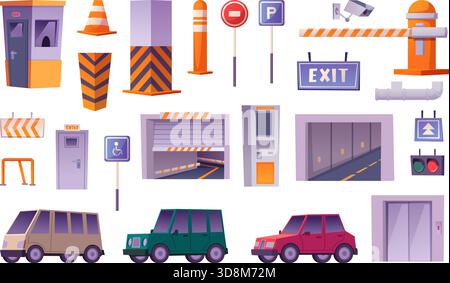 Parken. Verschiedene Schilder Verkehrsbarrieren Bürgersteige exakte Vektor Untergrundparken Stock Vektor