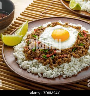 Thai Basilikum Hackfleisch Rührbraten mit Jasminreis und Ei Stockfoto