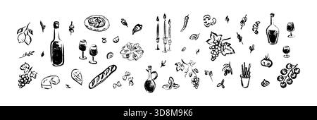 Set aus Holzkohle, Buntstift, Kreide-Kritzelei handgezeichnet französisch, italienisch, griechisch, Speisen und Wein. Skizzieren Sie Freihandpinsel und zeichnen Sie Symbole für Speisen und Getränke Stock Vektor