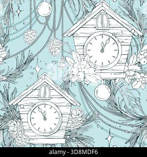 Ein nahtloses Muster mit einer Uhr, Tannenzweigen, Tannenzapfen und Perlen. Eine handgezeichnete einfarbige grafische Strichgrafik-Illustration mit Stift und Tinte Stock Vektor