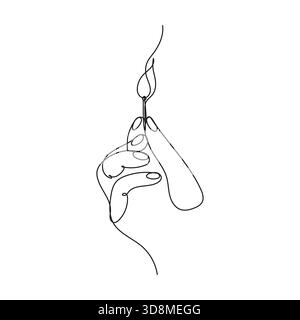 Hand hält ein beleuchtetes Streichholz. Mindestens ein Linienvektor. Flamme, Zündung und der Funke neuer Ideen. Stock Vektor