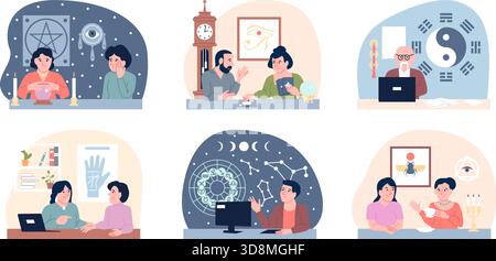 Moderne esoterische Charaktere. Moderne magische Praktiken, Palmist, Astrologe, Tarotkartenlesen. Besucher können ihr Schicksal von einem Magier lernen, der kürzlich stammt Stock Vektor