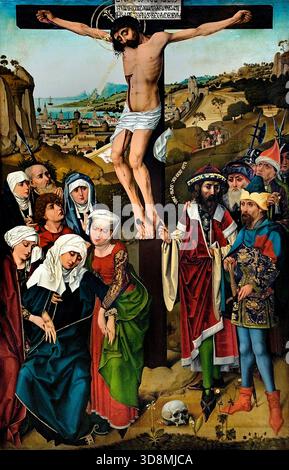 Kruzifixion aus dem Hof-Altarbild von Hans Pleydenwurff 1465 historisches deutsches gotisches Kunstgemälde Jesus Christus am Kreuz Maria trauernd Stockfoto