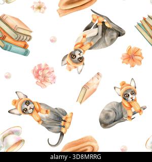 Sphynx Katze in Kleidung nahtloses Muster, stapeln Bücher, Tasse Tee, zarte orange Blumen, kariert, perle. Gemütliche Komposition mit süßem Sphinx-Kätzchen, Tier Stockfoto