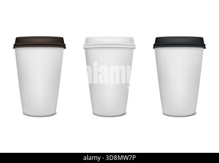 Papierkaffeetasse. Drei Kaffeetassen aus weißem Papier mit braunen weißen und schwarzen Deckeln, Einweg-Kaffeetasse zum Mitnehmen, leere Papierkaffeetasse Stock Vektor
